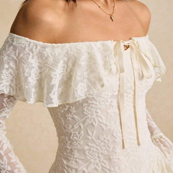 Apricot Elegant Women's Off-Shoulder Dress with Flared Sleeves - Picture 7 of 7